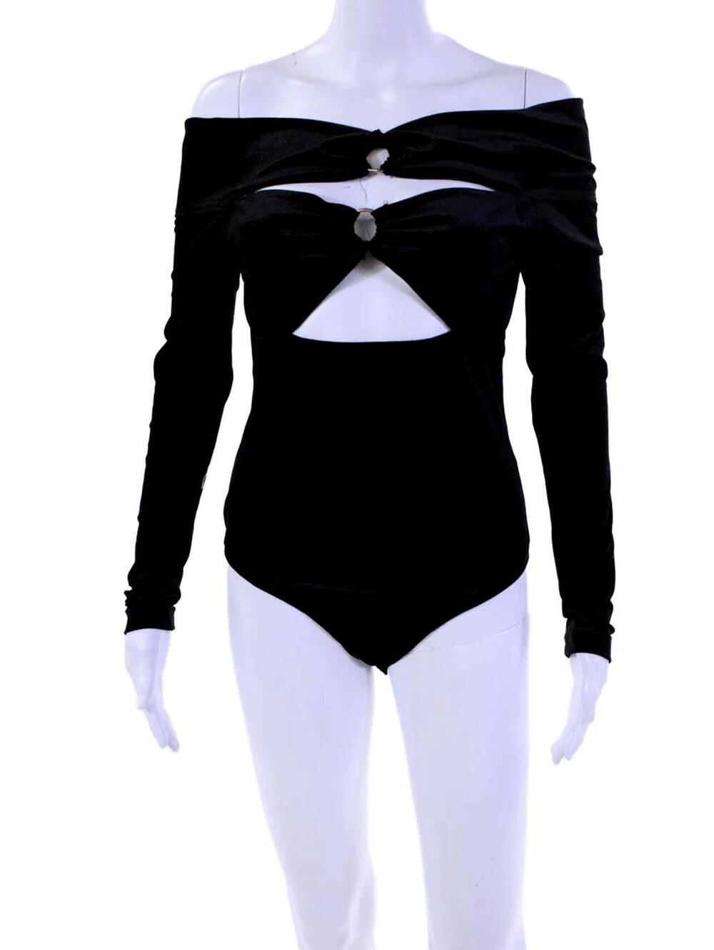NWT REVOLVE Glamorous Black Velvet Off Shoulder Cutout Bodysuit Size Small - Picture 2 of 10